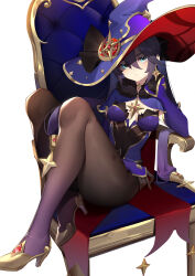 Rule 34 | 1girl, absurdres, black pantyhose, blue eyes, blue leotard, breasts, cape, chair, choker, earrings, full body, fur trim, genshin impact, gloves, hair ornament, half-closed eyes, hat, hat ornament, high heels, highres, jewelry, knees up, kojioo, legs, leotard, long hair, long sleeves, looking at viewer, mona (genshin impact), pantyhose, purple hair, scroll, simple background, sitting, small breasts, solo, star (symbol), star choker, star earrings, star hair ornament, star hat ornament, thighs, throne, twintails, white background, witch, witch hat