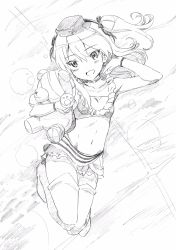 Rule 34 | 1girl, alternate costume, bandaid, bandaid on hand, boko (girls und panzer), boots, bracelet, choker, crop top, floating, frilled shirt, frilled skirt, frills, garrison cap, girls und panzer, graphite (medium), greyscale, hair ribbon, hand in own hair, hat, head tilt, highres, holding, holding stuffed toy, jewelry, legs up, long hair, looking at viewer, lying, makicha (sasurainopink), midriff, miniskirt, monochrome, navel, one side up, open mouth, pacific racing team, race queen, ribbon, shimada arisu, shirt, skirt, sleeveless, sleeveless shirt, smile, solo, stuffed animal, stuffed toy, teddy bear, thigh boots, thighhighs, traditional media