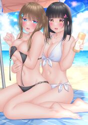 Rule 34 | 2girls, :d, bare shoulders, barefoot, beach, bikini, black bikini, blonde hair, blue eyes, blunt bangs, blush, bottle, breasts, brown eyes, collarbone, commentary request, contrail, fingernails, front-tie bikini top, front-tie top, hair ornament, highres, holding, holding bottle, large breasts, lens flare, lens flare abuse, lino (lilyparty07), lotion, lotion bottle, medium hair, multiple girls, navel, o-ring, o-ring bikini, o-ring top, ocean, open mouth, original, outdoors, parasol, pink nails, ponytail, removing bikini top, sand, short hair with long locks, side-tie bikini bottom, sitting, smile, sunlight, sunscreen, swimsuit, thighs, toenails, toes, umbrella, wariza, wavy mouth, white bikini, yuri