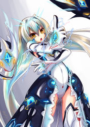 Rule 34 | 10s, 1girl, 2012, arched back, armor, code: battle seraph (elsword), covered navel, dated, electricity, elsword, eve (elsword), gloves, hair intakes, highres, leotard, long hair, miyabi urumi, moby (elsword), no nose, open mouth, remy (elsword), signature, solo, thighhighs, white hair, yellow eyes