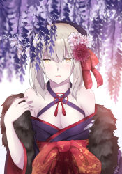 Rule 34 | 1girl, absurdres, artoria pendragon (all), artoria pendragon (fate), bare shoulders, blush, breasts, eyebrows hidden by hair, fate/grand order, fate (series), flower, grey hair, hair flower, hair ornament, highres, japanese clothes, kimono, looking at viewer, open mouth, ribbon, saber alter, short hair, sii artatm, solo, wisteria, yellow eyes