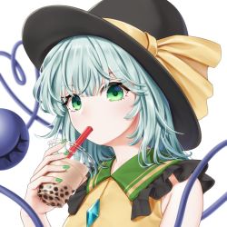 Rule 34 | 1girl, adapted costume, bare shoulders, black hat, breasts, bubble tea, commentary request, cup, disposable cup, drinking, drinking straw, frilled shirt collar, frills, green eyes, green hair, green nails, hair between eyes, hand up, hat, hat ribbon, heart, heart of string, holding, holding cup, komeiji koishi, looking at viewer, medium breasts, nail polish, ribbon, shirt, short hair, simple background, sleeveless, sleeveless shirt, solo, third eye, torinari (dtvisu), touhou, upper body, white background, yellow ribbon, yellow shirt