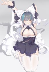 Rule 34 | 1girl, absurdres, animal ears, apron, aqua eyes, armpits, arms up, azur lane, breasts, cheshire (azur lane), chinese commentary, cleavage, closed eyes, detached sleeves, fake animal ears, frilled hairband, frilled ribbon, frills, full body, grey background, hairband, highres, kylin 47, large breasts, long ribbon, maid headdress, multicolored hair, puffy detached sleeves, puffy sleeves, purple apron, ribbon, simple background, skindentation, solo, streaked hair, thighhighs, two-tone hair, white thighhighs, zettai ryouiki