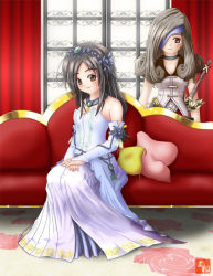 Rule 34 | 00s, 2girls, beatrix, blush, brown eyes, brown hair, couch, crown, dress, eyepatch, final fantasy, final fantasy ix, garnet til alexandros xvii, hat, jewelry, long dress, multiple girls, necklace, red upholstery, sitting, smile, sword, weapon, yone