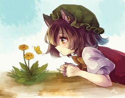 Rule 34 | 1girl, animal ear fluff, animal ears, bow, bowtie, brown eyes, brown hair, bug, butterfly, cat ears, chen, dandelion, dress, earrings, expressionless, flower, from side, hat, horizon, insect, jewelry, light blush, looking at butterfly, lying, m (neteitai10), mob cap, on stomach, outdoors, profile, puffy short sleeves, puffy sleeves, red dress, short hair, short sleeves, single earring, sky, solo, touhou, upper body, yellow bow, yellow bowtie, yellow flower