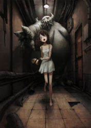Rule 34 | 1girl, 6th gate, aged down, bandages, bare shoulders, barefoot, blue eyes, braid, breasts, brown hair, chain, child, creepy, cuffs, dress, hallway, handcuffs, highres, horror (theme), long hair, monster, open mouth, original, running, scared, short dress, skinny, skirt, small breasts, solo, sundress, toi (number8), white dress, white skirt