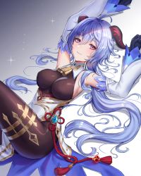 Rule 34 | 1girl, absurdres, ahoge, bare shoulders, bell, black gloves, black pantyhose, blue hair, blush, bodystocking, breasts, detached sleeves, dress, elbow gloves, ganyu (genshin impact), genshin impact, gloves, highres, horns, jademoon, large breasts, long hair, looking at viewer, pantyhose, purple eyes, solo, thighs, white dress