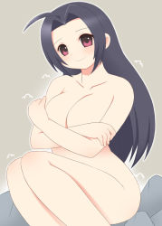Rule 34 | 00s, 1girl, black hair, breast hold, breasts, cleavage, covering privates, covering breasts, female focus, idolmaster, idolmaster (classic), idolmaster 1, kurappii, large breasts, long hair, miura azusa, nude, nude cover, red eyes, solo