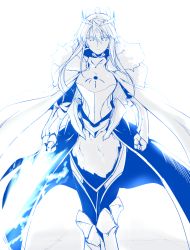 Rule 34 | 1girl, armor, armored boots, armored dress, artoria pendragon (all), artoria pendragon (fate), artoria pendragon (lancer) (fate), backlighting, blue theme, boots, breastplate, cloak, closed mouth, expressionless, fate/grand order, fate (series), fur trim, gauntlets, halcon, highres, holding, holding sword, holding weapon, lance, long hair, looking at viewer, monochrome, polearm, saber (fate), sidelocks, simple background, solo, spear, sword, thighhighs, weapon