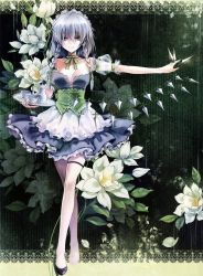 Rule 34 | 1girl, alternate costume, alternate hairstyle, between fingers, blue eyes, border, braid, breasts, choker, cleavage, corset, crossed legs, cup, detached sleeves, floral background, flower, full body, hair ribbon, holding, holding knife, holding tray, izayoi sakuya, kieta, knife, lace, lace border, legs, looking at viewer, maid, maid headdress, medium breasts, no socks, ornate border, outstretched arm, puffy short sleeves, puffy sleeves, ribbon, ribbon choker, see-through, see-through sleeves, shoes, short hair, short sleeves, side braid, silver hair, skirt, smile, solo, standing, tea, teacup, teapot, thigh strap, too many, too many knives, touhou, tray, twin braids, watson cross, white flower