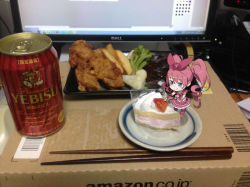 Rule 34 | 10s, 1girl, alcohol, amazon (company), beer, beer can, blue eyes, bow, box, cake, can, cardboard box, chibi, chopsticks, computer, cream, cure melody, dell, drink can, food, fork, french fries, fried chicken, fruit, hair bow, houjou hibiki, kuroboshi kouhaku, long hair, photo background, pink hair, precure, solo, strawberry, strawberry shortcake, suite precure, twintails, vegetable, whipped cream, yebisu
