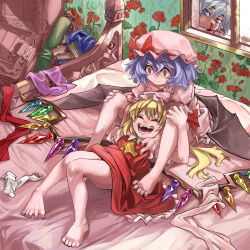 Rule 34 | anger vein, ascot, barefoot, bat wings, bed, blonde hair, blood, blue eyes, blue hair, bow, braid, clothes on bed, commentary, crystal, dress, empty eyes, feet, flandre scarlet, grey hair, hair bow, hat, highres, izayoi sakuya, messy, multiple girls, nosebleed, open mouth, puffy sleeves, red eyes, remilia scarlet, restrained, ribbon, rightorisamraido3, short hair, short sleeves, siblings, sisters, skirt, smile, tickling, tickling armpits, touhou, twin braids, wallpaper (object), wings