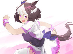 Rule 34 | 1girl, ababababa, animal ears, back bow, black shirt, blue bow, bow, brown hair, clenched hands, commentary, cropped jacket, ear bow, frilled skirt, frills, hachimaki, headband, highres, horse ears, horse girl, horse tail, jacket, looking at viewer, miniskirt, multicolored hair, open mouth, puffy short sleeves, puffy sleeves, purple eyes, running, shirt, short hair, short sleeves, single horizontal stripe, skirt, smile, solo, special week (umamusume), tail, thighhighs, two-tone hair, umamusume, white hair, white headband, white jacket, white skirt, white thighhighs, wristband