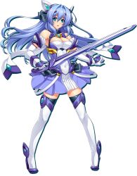Rule 34 | 1girl, aqua eyes, armlet, bare shoulders, blue dress, blue footwear, blue gemstone, blue hair, blue skirt, breasts, cleavage, cleavage cutout, clothing cutout, dress, elbow gloves, exs-tia, gem, gloves, hair intakes, headgear, holding, holding sword, holding weapon, katsuragi marina, kouyoku senki exs-tia, large breasts, legs apart, long hair, lusterise, magical girl, open mouth, pleated skirt, simple background, skirt, smile, solo, standing, straight hair, sword, tachi-e, thighhighs, third-party source, transparent background, weapon, white gloves, white thighhighs, zettai ryouiki