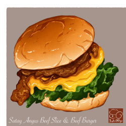 Rule 34 | artist logo, beef, bread, burger, cheese, food, food focus, highres, lettuce, no humans, original, yuki00yo