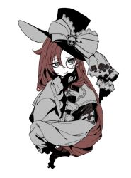 Rule 34 | 1girl, bow, bowtie, cropped torso, drill hair, floral print, frilled shirt collar, frilled sleeves, frills, greyscale, hand on own chin, hat, hat bow, hat ornament, highres, long hair, long sleeves, looking at viewer, monochrome, monocle, monster girl, original, puffy long sleeves, puffy sleeves, red hair, ringed eyes, rose print, simple background, skull hat ornament, sleeves past wrists, smirk, solo, spot color, swept bangs, tentacles, top hat, tuko, veil, white background