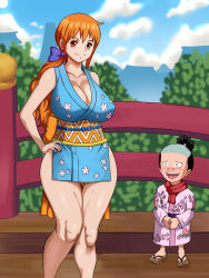Rule 34 | 1boy, 1girl, absurdres, age difference, ass, bare legs, bare shoulders, breasts, cleavage, curvy, day, hand on own hip, highres, huge breasts, japanese clothes, kimono, kouzuki momonosuke, large breasts, long hair, looking at another, looking at viewer, low ponytail, nami (one piece), nami (one piece) (wano), nude, obi, one piece, orange hair, pervert, pinkpawg, revealing clothes, sash, shiny skin, smile, tattoo, wide hips