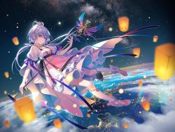 Rule 34 | 1girl, breasts, dress, earth (planet), full body, green eyes, hair between eyes, hair ornament, hair ribbon, hair rings, holding, kneehighs, lantern, long hair, looking at viewer, low twintails, luo tianyi, microphone stand, midair, milky way, paper lantern, planet, revision, ribbon, shoes, silver hair, sky, small breasts, socks, solo, space, sparkle, star (sky), starry sky, tidsean, twintails, vocaloid, vocanese, white socks