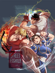 Rule 34 | 1girl, 2boys, black hair, blonde hair, bracelet, breasts, brown eyes, brown hair, bun cover, capcom, cherry blossoms, china dress, chinese clothes, chun-li, double bun, dougi, dress, fighting stance, grin, hair bun, headband, highres, jewelry, ken masters, knee up, large breasts, multiple boys, muscular, muscular male, pantyhose, pectoral cleavage, pectorals, pelvic curtain, ryu (street fighter), short hair, smile, spiked bracelet, spikes, street fighter, street fighter ii (series), thighs, yuiofire