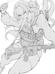 Rule 34 | 1girl, armor, assault rifle, bulletproof vest, gloves, greyscale, gun, monochrome, original, rifle, simple background, solo, thighhighs, utsucan, weapon, white background