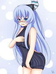 Rule 34 | 10s, 1girl, backless dress, backless outfit, bad id, bad pixiv id, black sweater, blue eyes, blue hair, breasts, cleavage, clipboard, cundodeviant, dress, glasses, hair ornament, highres, horns, kami jigen game neptune v, kiseijou rei, long hair, looking at viewer, medium breasts, meme attire, naked sweater, neptune (series), no bra, no panties, open mouth, shiny skin, sideboob, solo, striped legwear, sweater, sweater dress, sweater vest, turtleneck, turtleneck sweater, very long hair, virgin killer sweater