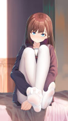 Rule 34 | 1girl, bed, blue eyes, blush, brown hair, closed mouth, highres, indoors, knees to chest, legs, legs up, long hair, long sleeves, looking at viewer, no shoes, original, pantyhose, school uniform, sitting, skirt, soles, solo, spread toes, toes, uniform, wcks0774, white pantyhose