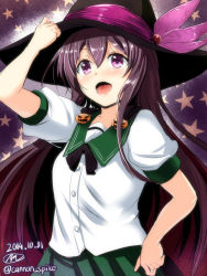 Rule 34 | 10s, 1girl, 2014, adjusting clothes, adjusting headwear, blush, dated, gin&#039;ichi (akacia), green skirt, halloween, halloween costume, hand on own hip, hat, hat ornament, hat ribbon, highres, jack-o&#039;-lantern, kantai collection, kisaragi (kancolle), long hair, neckerchief, open mouth, pleated skirt, puffy short sleeves, puffy sleeves, purple eyes, purple hair, purple ribbon, ribbon, school uniform, serafuku, short sleeves, signature, skirt, solo, twitter username, upper body, witch hat