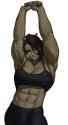 Rule 34 | 1girl, abs, absurdres, arms up, biceps, black tank top, brown hair, colored skin, crop top, fantasy, feet out of frame, female orc, green skin, highres, medium hair, midriff, muscular, muscular female, one eye closed, orc, original, pointy ears, simple background, solo, sotcho, tank top, white background, yellow eyes