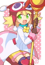 Rule 34 | 1girl, amitie (puyopuyo), blonde hair, blush, dadadanoda, gloves, green eyes, heart, highres, holding, holding staff, looking at viewer, open mouth, pink background, puyopuyo, red amitie, red headwear, short hair, shorts, solo, staff