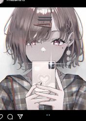 Rule 34 | 1girl, absurdres, amane kashiko, cellphone, commentary, earrings, hair ornament, hairclip, hairpin, highres, higuchi madoka, holding, holding phone, idolmaster, idolmaster shiny colors, instagram, jacket, jewelry, lace, lace-trimmed shirt, lace trim, letterboxed, looking at phone, mole, mole under eye, phone, plaid, plaid jacket, red eyes, red hair, selfie, shirt, short hair, solo, sparkle, upper body