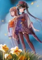 Rule 34 | black hair, blue sky, brown hair, brown legwear, closed mouth, cloud, closed eyes, film strip, floral print, flower, garter straps, grass, hat, highres, japanese clothes, kimono, long hair, long sleeves, mysoda, original, outdoors, pantyhose, patterned, patterned clothing, petals, purple headwear, short hair, signature, single leg pantyhose, single thighhigh, sky, standing, thighhighs, turtleneck, twintails, wide sleeves, yellow flower