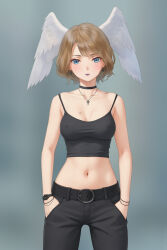 1girl bare_shoulders belt black_pants blue_eyes blush bracelet breasts brown_hair choker cleavage collarbone covered_erect_nipples crop_top cross cross_earrings cross_necklace denim earrings eunie_(xenoblade) feathered_wings hands_in_pockets highres jeans jewelry looking_at_viewer medium_breasts miura-n315 navel necklace no_bra pants repost short_hair solo tattoo watch wings wristwatch xenoblade_chronicles_(series) xenoblade_chronicles_3