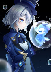 Rule 34 | 1girl, ahoge, ascot, blue eyes, blush, brooch, bubble, bubbly seahorse (genshin impact), character request, check character, furina (genshin impact), genshin impact, gloves, hat, highres, jacket, jewelry, mikqze, profile, short hair, smile, solo, top hat, vision (genshin impact), white hair