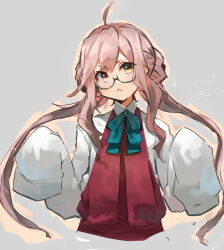 Rule 34 | 1girl, :&lt;, ahoge, closed mouth, collared shirt, dress, glasses, grey background, highres, kantai collection, long hair, looking at viewer, makigumo (kancolle), pink hair, pleated dress, purple dress, semi-rimless eyewear, shirt, simple background, sleeves past fingers, sleeves past wrists, solo, sunday aki, under-rim eyewear, upper body, white shirt, wide sleeves, yellow eyes