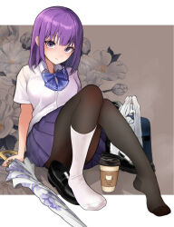 Rule 34 | 1girl, arm support, bag, black footwear, black pantyhose, blue bow, blue bowtie, blush, bow, bowtie, breasts, coffee cup, collared shirt, commentary request, cup, disposable cup, eyelashes, feet, fine fabric emphasis, floral background, highres, knees together feet apart, knees up, legs, light brown background, loafers, looking at viewer, lumina (artist), medium breasts, medium hair, no shoes, on ground, original, pantyhose, pleated skirt, purple eyes, purple hair, purple skirt, ribbed socks, school bag, school uniform, shadow, shirt, shoes, short sleeves, sitting, skirt, socks, socks over pantyhose, solo, thighs, toes, umbrella, unworn shoes, white socks