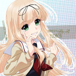 Rule 34 | 1girl, artist name, beige cardigan, black ribbon, black serafuku, blonde hair, cardigan, character name, commentary request, cowboy shot, green eyes, hair ribbon, inaba shiki, kantai collection, long hair, looking at viewer, neckerchief, one-hour drawing challenge, open cardigan, open clothes, parted lips, plaid, plaid background, red neckerchief, ribbon, school uniform, serafuku, smile, solo, straight hair, upper body, yuudachi (kancolle)