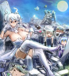 Rule 34 | 4girls, @ @, arianna the labrynth servant, arianne the labrynth servant, blue hair, breasts, cleavage, coffee mug, cup, demon horns, detached collar, dragon, full moon, grey eyes, highres, horns, large breasts, laundry dragonmaid, lovely labrynth of the silver castle, moon, mug, multiple girls, tagme, white hair, yellow eyes, yu-gi-oh!