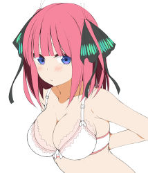 Rule 34 | 1girl, arms behind back, bare arms, bare shoulders, black ribbon, blue eyes, blush, bow, bow bra, bra, breasts, cleavage, closed mouth, collarbone, commentary request, eyebrows hidden by hair, go-toubun no hanayome, hair ribbon, hinata masaki, looking at viewer, medium breasts, nakano nino, pink hair, removing bra, ribbon, simple background, solo, two side up, underwear, underwear only, upper body, white background, white bra