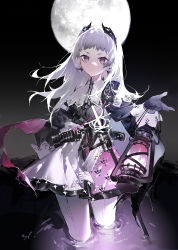 Rule 34 | 1girl, arknights, auuuie, black gloves, black jacket, closed mouth, earrings, full moon, gloves, grey background, gun, hair ornament, highres, holding, holding lantern, irene (arknights), jacket, jewelry, lantern, layered skirt, long hair, long sleeves, looking at viewer, moon, night, night sky, outdoors, pantyhose, purple skirt, scar, scar across eye, scar on face, sheath, sheathed, silver hair, skirt, sky, solo, sword, wading, water, weapon, white pantyhose, white skirt