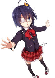 Rule 34 | 10s, 1girl, :o, ahoge, black hair, black thighhighs, blazer, blue eyes, chuunibyou demo koi ga shitai!, cross, eyepatch, from above, full body, jacket, looking at viewer, one side up, outstretched arms, plaid, plaid skirt, school uniform, shoes, side ponytail, simple background, siva (executor), skirt, solo, spread arms, takanashi rikka, thighhighs, uwabaki, white background, zettai ryouiki