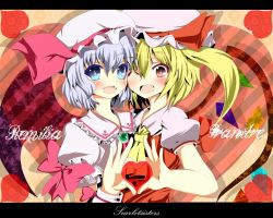 Rule 34 | 2girls, :d, ;d, blonde hair, blue eyes, fang, female focus, flandre scarlet, hat, heart, heart hands, heart hands duo, letterboxed, multiple girls, one eye closed, open mouth, purple hair, red eyes, remilia scarlet, short hair, siblings, sisters, smile, sukage, touhou