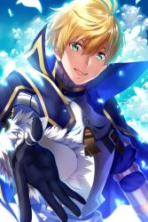 Rule 34 | 1boy, ahoge, armor, arthur pendragon (fate), blonde hair, breastplate, fate/prototype, fate (series), green eyes, hair between eyes, highres, looking at viewer, male focus, open mouth, outstretched hand, pantsu (lootttyyyy), smile, solo, teeth, upper body