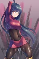 Rule 34 | 1girl, arm up, black bodysuit, bodysuit, breasts, commentary request, covered navel, cowboy shot, creatures (company), crop top, game freak, gym leader, kazo (kazozakazo), large breasts, long hair, looking at viewer, miniskirt, nintendo, pantyhose, pokemon, purple hair, red eyes, sabrina (pokemon), see-through, skin tight, skirt, solo, thighhighs, very long hair