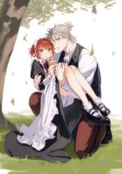 1boy 1girl ahoge animal apron bandaid bandaid_on_leg black_dress brooch butler carrying cat dress fate/grand_order fate_(series) fomnant formal fujimaru_ritsuka_(female) grey_eyes grey_hair highres holding holding_animal holding_cat jewelry long_sleeves maid maid_apron maid_headdress orange_eyes orange_hair pants ponytail princess_carry puffy_sleeves suit sweatdrop tailcoat takeda_shingen_(fate) vest white_apron