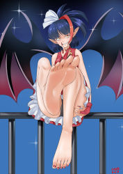 Rule 34 | 1girl, absurdres, barefoot, bat wings, black panties, blue hair, blush, breasts, chinese commentary, commentary request, dress, fangs, feet, fingernails, foot focus, foreshortening, gesugao, hair ribbon, highres, long fingernails, looking at viewer, millaarc, nail polish, orange eyes, panties, pink dress, pointy ears, ponytail, red hair, ribbon, senki zesshou symphogear, senki zesshou symphogear, shiny skin, short hair, smile, soles, solo, teeth, toes, tsa, underwear, v over mouth, wings