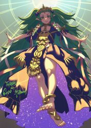 Rule 34 | 1girl, aduti momoyama, anklet, bare shoulders, closed mouth, clothing cutout, fingernails, fire emblem, fire emblem: three houses, gradient background, green eyes, green hair, headpiece, highres, jewelry, long hair, looking at viewer, milestone celebration, nintendo, outstretched arms, pink wristband, pointy ears, ribbon, short bangs, shoulder cutout, sleeve ribbon, smile, solo, sothis (fire emblem), spread arms, toenails, twintails, very long hair, white wristband, wristband, yellow ribbon