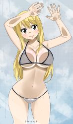 Rule 34 | 1girl, absurdres, against glass, artist name, bikini, blonde hair, blush, breast press, breasts, brown eyes, cleavage, collarbone, fairy tail, gaston18, highres, large breasts, long hair, looking at viewer, lucy heartfilia, navel, shower, smile, solo, stomach, swimsuit, thighs, white bikini, wide hips