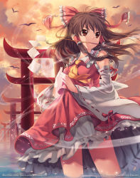 Rule 34 | 1girl, ascot, bare shoulders, bow, brown hair, detached sleeves, female focus, gohei, hair bow, hair ornament, hair tubes, hakurei reimu, japanese clothes, kaze-hime, long hair, miko, mouth hold, outdoors, partially submerged, red eyes, ribbon, skirt, skirt set, solo, standing, thighs, torii, touhou, water