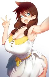 Rule 34 | 1girl, amano megumi, amano megumi wa suki darake!, arm up, armpits, bad id, bad pixiv id, blue eyes, blush, breasts, brown hair, cleavage, fang, happy, highres, large breasts, leaning forward, long hair, looking at viewer, open mouth, po. (medamaoyazi), smile, solo, white background