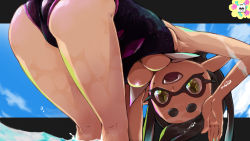 Rule 34 | + +, 1girl, alternate costume, armpits, arms up, ass, bent over, black hair, blue background, blue sky, breasts, callie (splatoon), cleavage, cloud, day, fangs, female focus, from behind, happy, hideyoshi (swliyhbpe9xqqze), inkling, kneepits, legs, legs together, letterboxed, long hair, looking at viewer, looking back, medium breasts, mole, mole under eye, nintendo, one-piece swimsuit, open mouth, outdoors, outside border, pointy ears, purple one-piece swimsuit, shiny skin, skindentation, sky, smile, solo, splatoon (series), standing, swimsuit, teeth, tentacle hair, thick eyebrows, water, waving, wet, yellow eyes